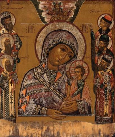 Madre di Dio Odigitria (di Šuja) con santi sullo sfondo Seconda metà del XVII secolo 70 × 59 cm Legno, tempera Museo dell’icona russa