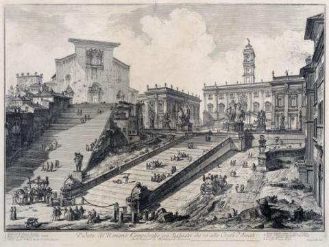 Giovanni Battista Piranesi, Veduta del Campidoglio e di S. Maria d'Aracoeli, 1746-1748, acquaforte, Museo di Roma