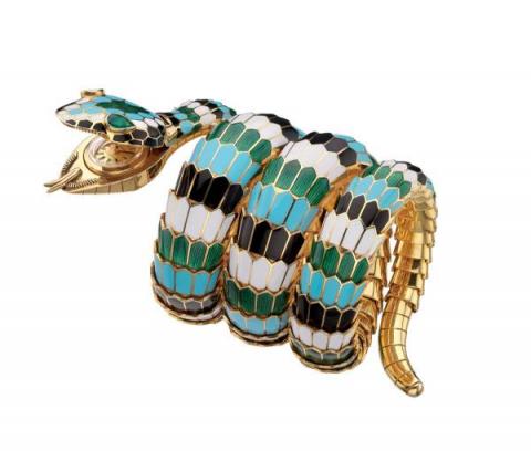 Bracciale-orologio Serpenti in oro con smalti policromi e smeraldi. Serpenti bracelet-watch in gold with polychrome enamel and emeralds 1967 Bulgari Heritage Collection