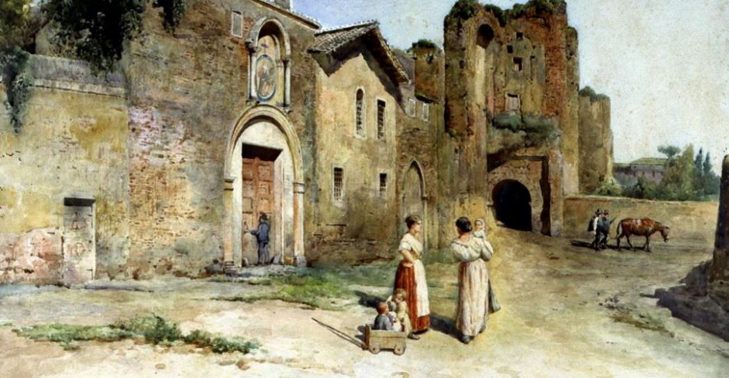 La facciata dell’ospedale di San Tommaso in Formis in un acquerello di Ettore Roesler Franz – 1890 (Roma, Museo di Roma in Trastevere)