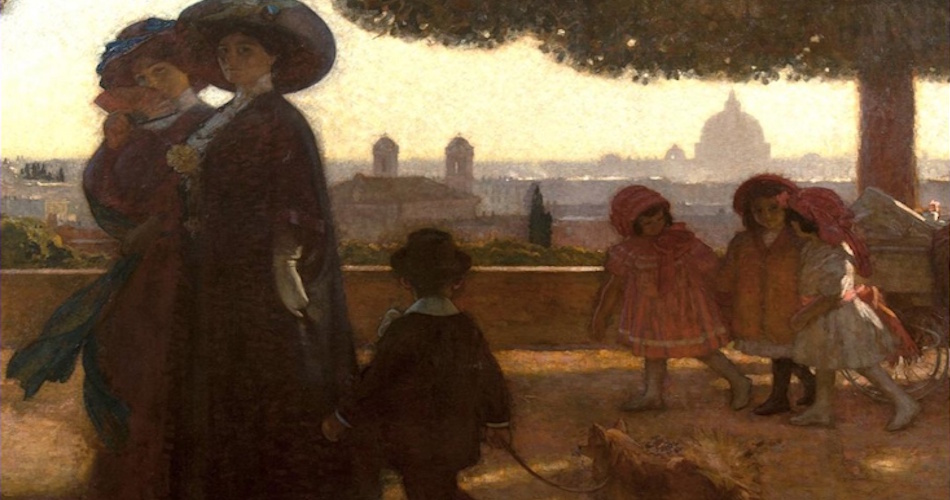 Dipinto che raffigura donne e bambini che passeggiano al Pincio 