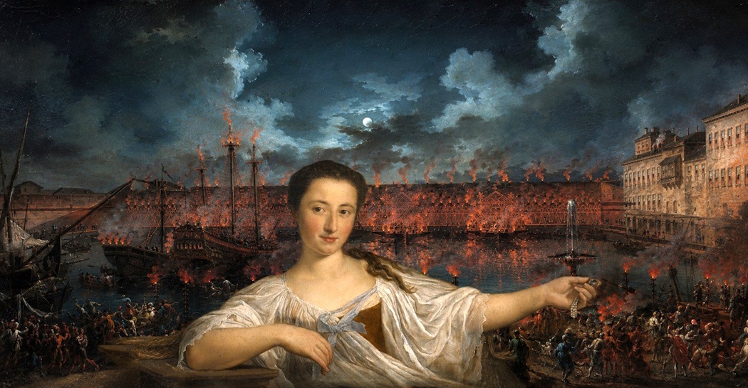 C. Lacroix, Festa notturna nella darsena di Civitavecchia, 1763, olio su tela, MR 45655 + P. Batoni, Ritratto di Girolama Santacroce come Vanitas, 1759, olio su tela, Dep MC 138 (dett.). Rielaborazione grafica creativa img Simart.