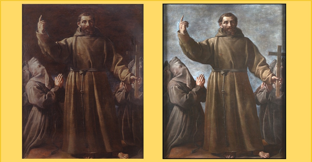Guido Reni, Stendardo processionale con San Francesco prima e dopo il restauro (verso), 1610, olio su tela, Museo di Roma Guido Reni, Stendardo processionale con San Francesco prima e dopo il restauro (verso), 1610, olio su tela, Museo di Roma