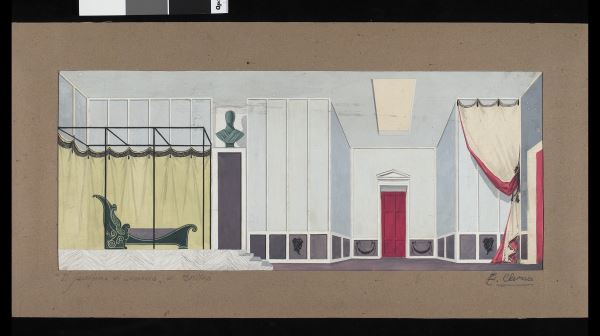 Fabrizio Clerici, bozzetto per Il sacrificio di Lucrezia, 1949, tecnica mista su cartone Fabrizio Clerici, bozzetto per Il sacrificio di Lucrezia, 1949, tecnica mista su cartone