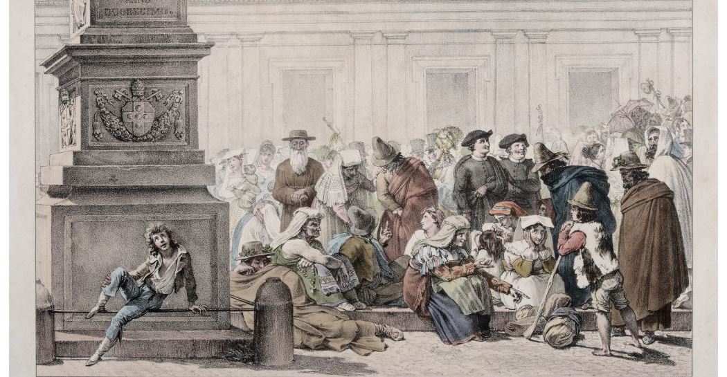 litografia a colori di Antoine Jean Baptiste Thomas, Fedeli in piazza San Pietro per la benedizione pasquale, 1830 litografia a colori di Antoine Jean Baptiste Thomas, Fedeli in piazza San Pietro per la benedizione pasquale, 1830
