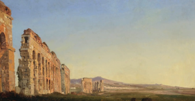 Ippolito Caffi_ Acquedotti romani al tramonto 1843 olio su carta riportata su tela 27,3x43,9 cm MR 5688