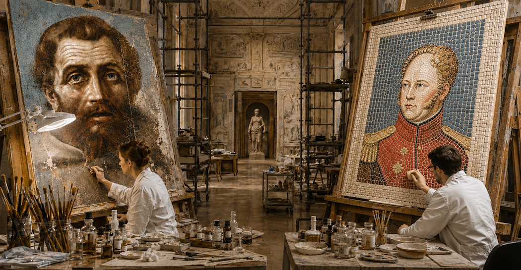Fantasia-capriccio di un restauro museale. Crediti delle immagini: Immagine creata con IA (Chat GPT). Le due immagini delle opere del Museo di Roma (inv. MR 1831 e MR 5899: credits@Roma, Sovrintendenza Capitolina, Museo di Roma, foto di Alfredo Valeriani) sono state rielaborate liberamente con l’IA