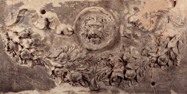 Decorazione con festone con foglie, frutta e protome leonina Decorazione con festone con foglie, frutta e protome leonina