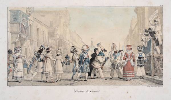 Costumi di Carnevale in via del Corso, all’altezza della chiesa di San Giacomo 1823, 1830 litografia a colori inv. GS 3090 Costumi di Carnevale in via del Corso, all’altezza della chiesa di San Giacomo 1823, 1830 litografia a colori inv. GS 3090