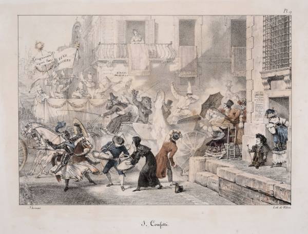 Lancio dei confetti in via del Corso durante il Carnevale, 1823, 1830 litografia a colori inv. GS 3089 Lancio dei confetti in via del Corso durante il Carnevale, 1823, 1830 litografia a colori inv. GS 3089