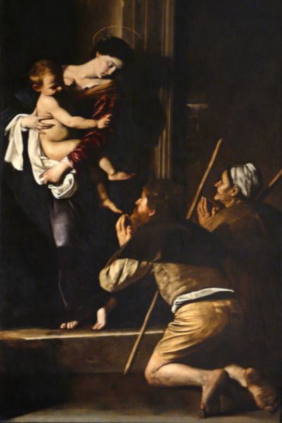 Madonna dei Pellegrini, Michelangelo Merisi detto il Caravaggio Olio su tela, 260 x 150 cm, 1603 // Roma, Chiesa di Sant'Agostino Madonna dei Pellegrini, Michelangelo Merisi detto il Caravaggio Olio su tela, 260 x 150 cm, 1603 // Roma, Chiesa di Sant'Agostino