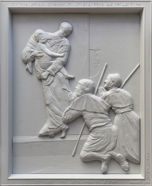 Madonna dei Pellegrini, Michelangelo Merisi detto il Caravaggio Quadro Tattile HandSight.net, 2016, resina, 41 x 33 cm Madonna dei Pellegrini, Michelangelo Merisi detto il Caravaggio Quadro Tattile HandSight.net, 2016, resina, 41 x 33 cm