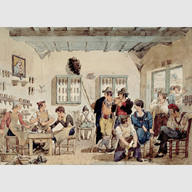Achille Pinelli, Interno di bottega di calzolaio, 1832, grafite e acquerello Achille Pinelli, Interno di bottega di calzolaio, 1832, grafite e acquerello