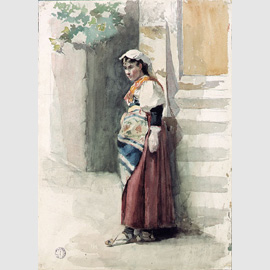 Enrico Coleman, Donna in costume laziale presso una scala, 1870-1890, grafite e acquerello Enrico Coleman, Donna in costume laziale presso una scala, 1870-1890, grafite e acquerello