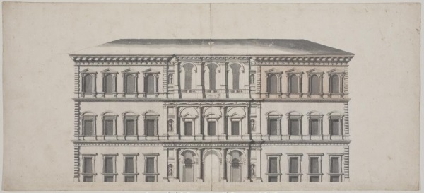 Girolamo Toma (1738 ca.-1795 post), attr. Palazzo Farnese, prospetto della facciata posteriore, sezione longitudinale, sec. XVIII Girolamo Toma (1738 ca.-1795 post), attr. Palazzo Farnese, prospetto della facciata posteriore, sezione longitudinale, sec. XVIII