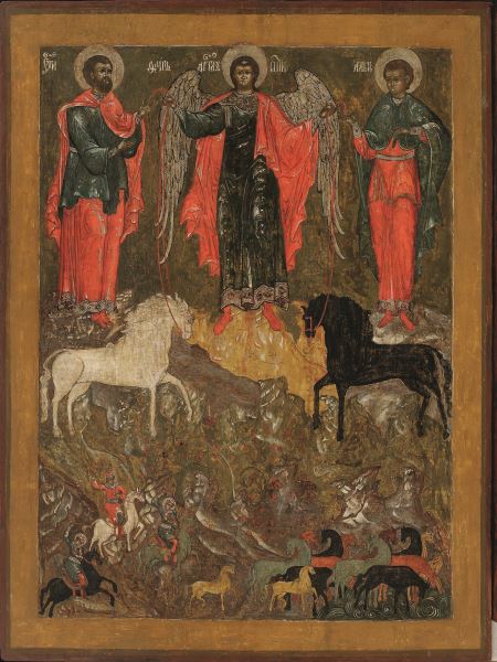 Il miracolo dell’Arcangelo Michele a Floro e Lauro Ultimo quarto del XVII secolo 102,8 × 75,8 cm Legno, tempera Russia settentrionale Museo dell’icona russa Il miracolo dell’Arcangelo Michele a Floro e Lauro Ultimo quarto del XVII secolo 102,8 × 75,8 cm Legno, tempera Russia settentrionale Museo dell’icona russa
