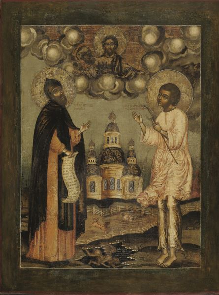 Venerato Niphon di Cipro e pio Artemij di Verkola Fine XVII secolo 67,8 × 51,3 cm Legno, tempera Regione di Prikam’e Museo dell’icona russa Venerato Niphon di Cipro e pio Artemij di Verkola Fine XVII secolo 67,8 × 51,3 cm Legno, tempera Regione di Prikam’e Museo dell’icona russa