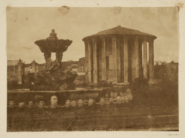 Giacomo Caneva, la fontana dei Tritoni e il cosiddetto tempio di vesta in piazza Bocca della Verità 1847 datata Giacomo Caneva, la fontana dei Tritoni e il cosiddetto tempio di vesta in piazza Bocca della Verità 1847 datata