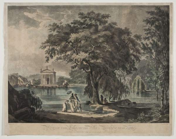 01. Huber Robert, W. Pickett, Il Giardino del Lago a Villa Borghese, incisione acquerellata, 1799 (GS 6103)