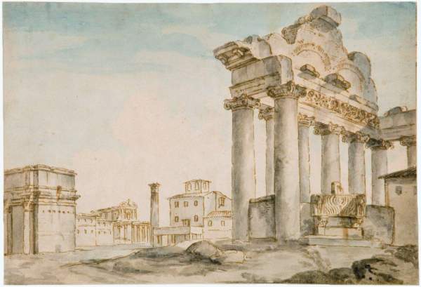 08. Charles Joseph Natoire, Il Foro Romano visto dal Tempio di Saturno, acquerello, 1760-1775 (MR 6422) 08. Charles Joseph Natoire, Il Foro Romano visto dal Tempio di Saturno, acquerello, 1760-1775 (MR 6422)