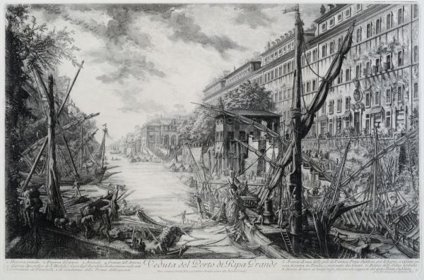 Giovanni Battista Piranesi, Veduta del Porto di Ripa Grande e del Tevere con le imbarcazioni, 1753-1758, acquaforte, Museo di Roma Giovanni Battista Piranesi, Veduta del Porto di Ripa Grande e del Tevere con le imbarcazioni, 1753-1758, acquaforte, Museo di Roma