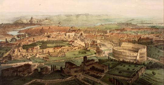 Jean Baptiste Arnout, Veduta di Roma con il Colosseo e il Foro romano, litografia, 1860 Jean Baptiste Arnout, Veduta di Roma con il Colosseo e il Foro romano, litografia, 1860