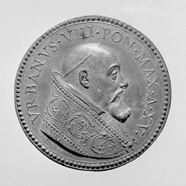 Mola Gaspare, Busto del pontefice a destra con capo scoperto e piviale ornato da girali e fermaglio, 1638, Medaglia, mm. x Mola Gaspare, Busto del pontefice a destra con capo scoperto e piviale ornato da girali e fermaglio, 1638, Medaglia, mm. x