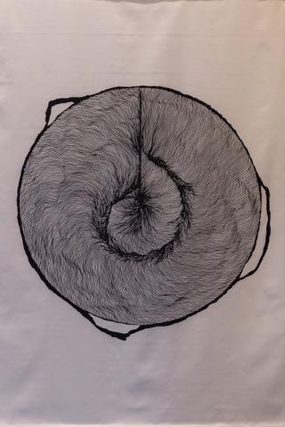 Letizia Paoletti , Cells, 2026, Stampa su tessuto (drill di cotone gr 255), barre in alluminio, cm 100 x140 Letizia Paoletti , Cells, 2026, Stampa su tessuto (drill di cotone gr 255), barre in alluminio, cm 100 x140