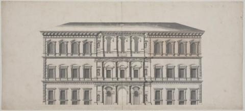 Girolamo Toma (1738 ca.-1795 post), attr. Palazzo Farnese, prospetto della facciata posteriore, sezione longitudinale, sec. XVIII 
