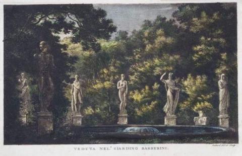 07. Louis Pierre Baltard, Veduta del giardino Barberini, litografia acquerellata, 1786-1788 (MR 6270)