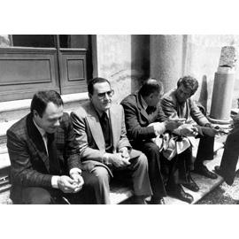 Carlo Verdone, Alberto Sordi, Vincenzo Cerami e Nanny Loy in attesa di ricevere i premi “David di Donatello” 26 aprile 1982